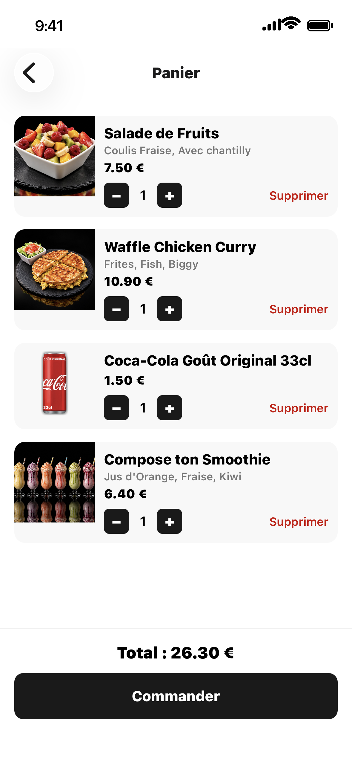 Panier de commande dans l'application